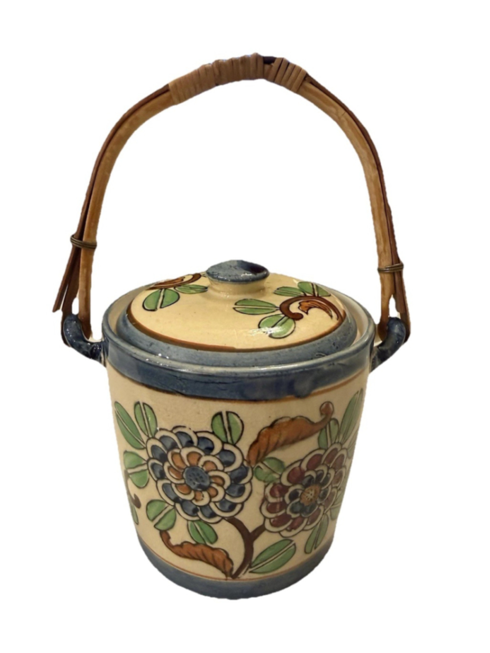 Antique 1920s-40s Hand Painted Japan K Mark Biscuit Jar Bamboo Handle Floral
